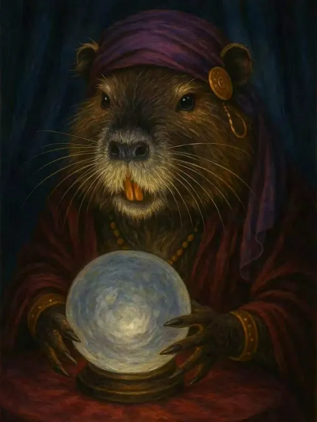 The ragondin, in a purple headscarf and red robe, both paws resting on a lit crystal orb.